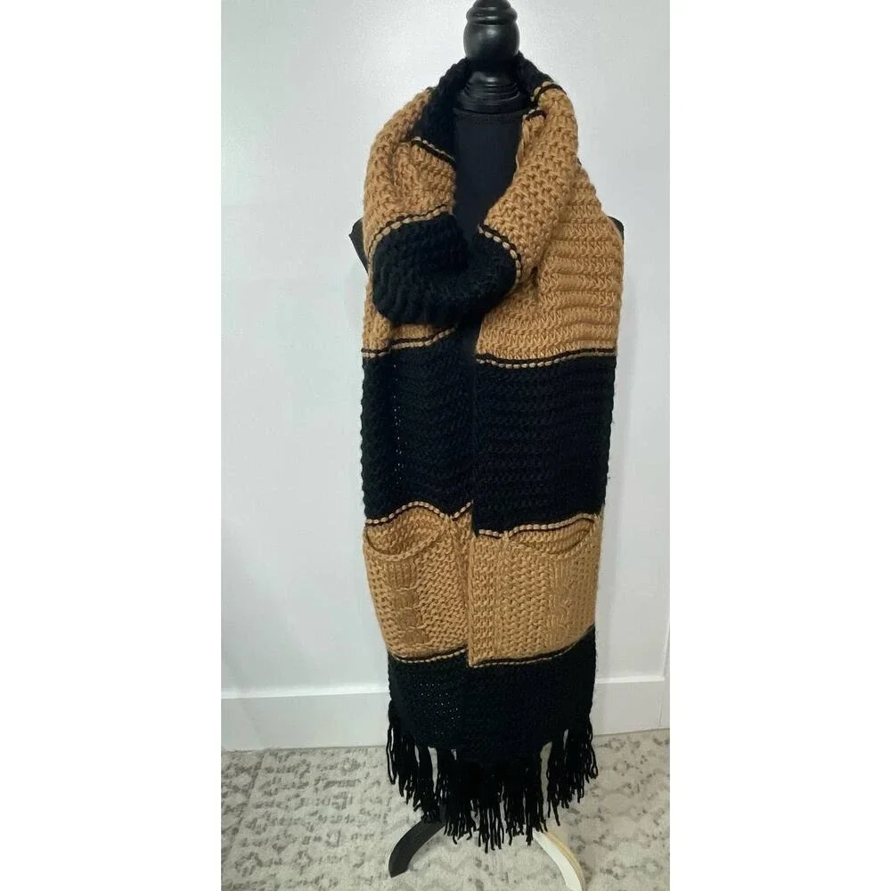 OVersized Scarf Black Brown Tan Chunky Knit Pockets Fringe NEW Cozy Gift Warm